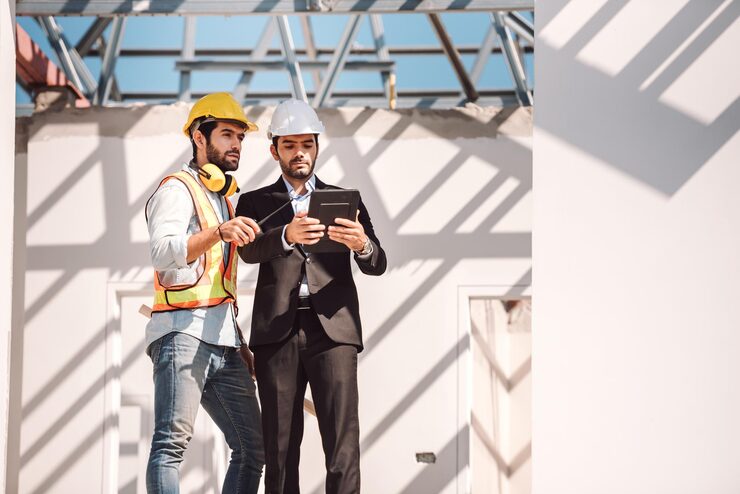 civil-engineer-construction-worker-manager-holding-digital-tablet-blueprints-talking-planing-about-construction-site-cooperation-teamwork-concept_640221-136